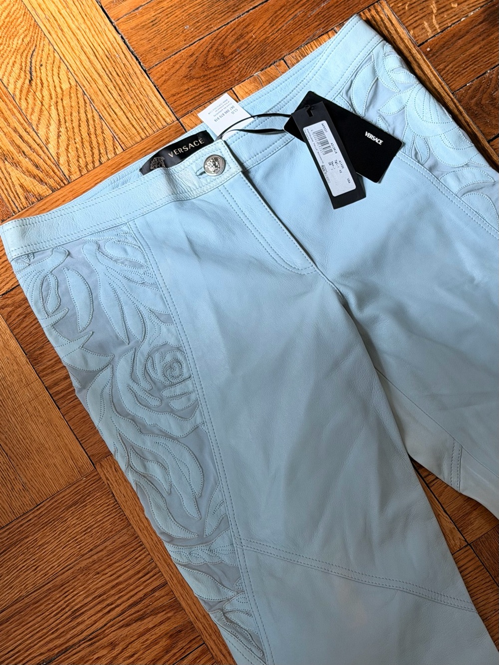 NWT Versace Sky Blue Leather Pants w Silk Floral Filegree Hip Panel Detail